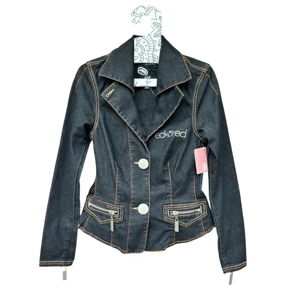 Vintage Y2K Ecko Red Rhinestone Embellished Dark Wash
Denim Jacket Fitted Rare